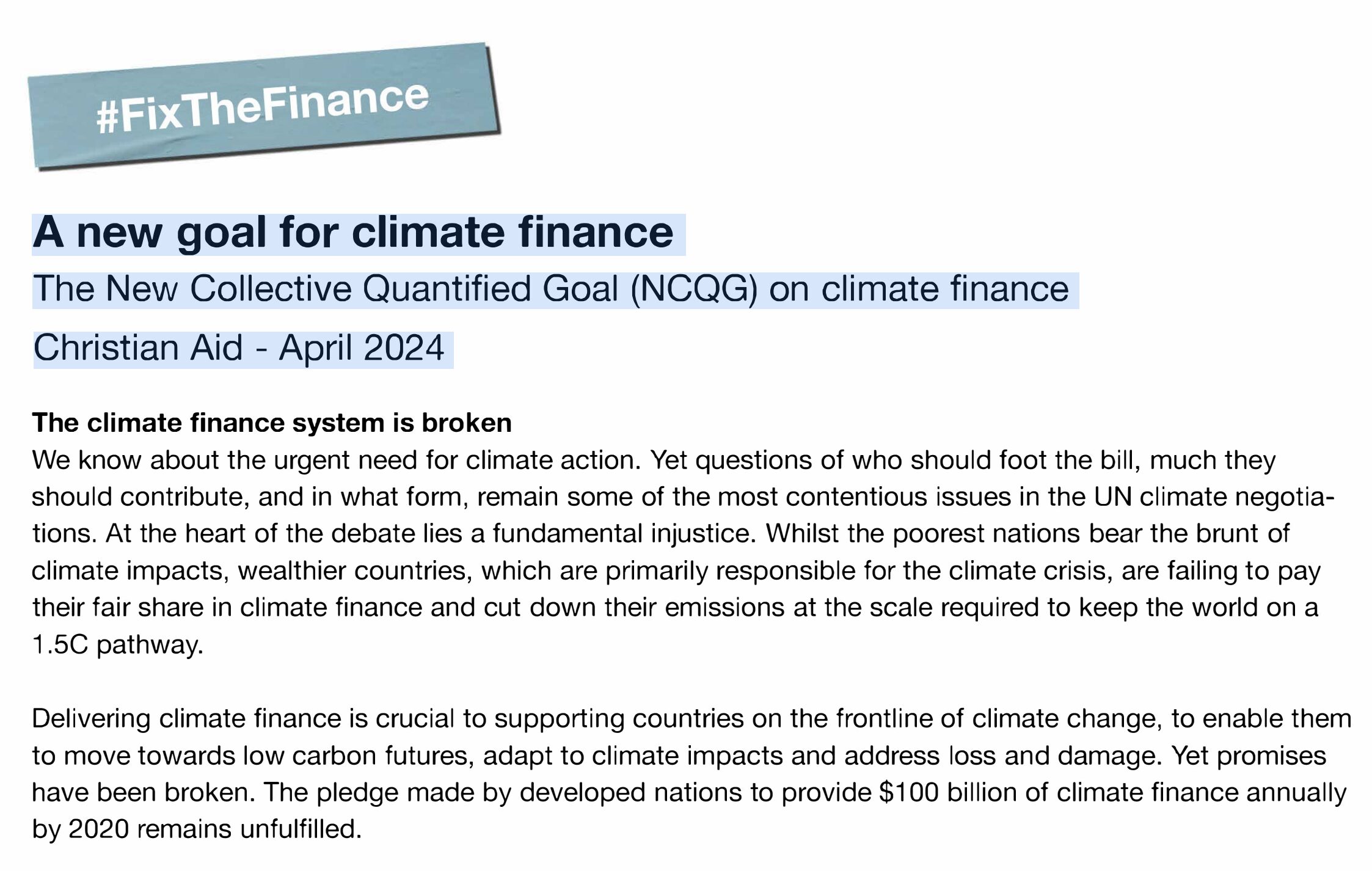 A new goal for climate finance  The New Collective Quantified Goal (NCQG) on climate finance [Christian Aid, 2024]